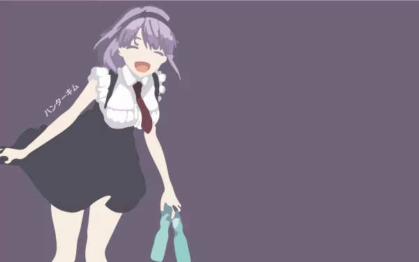 Minimalist 4K Ultra HD anime wallpaper of Shidare Hotaru from Dagashi Kashi, featuring her purple hair, smile, tie, headband, skirt, and holding a bottle against a solid background.