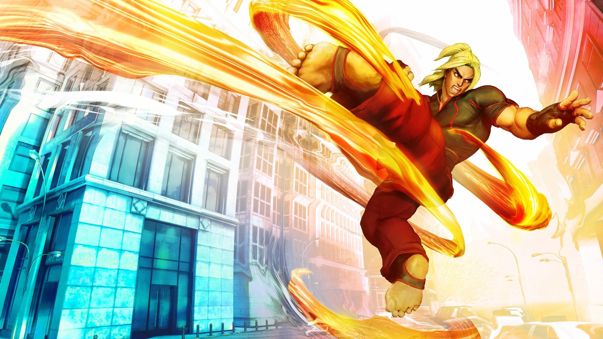 HD Street Fighter V desktop wallpaper featuring an animated character in a dynamic kick pose with vibrant energy effects.