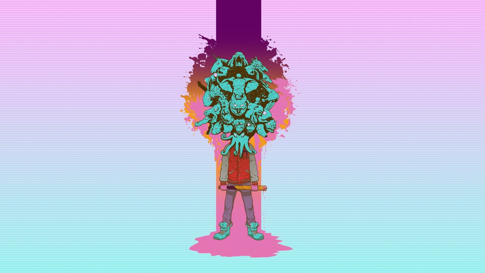 HD PC desktop wallpaper background from the Hotline Miami video game: neon pastel gradient with a masked character beneath a vertical purple stripe and paint splatter.