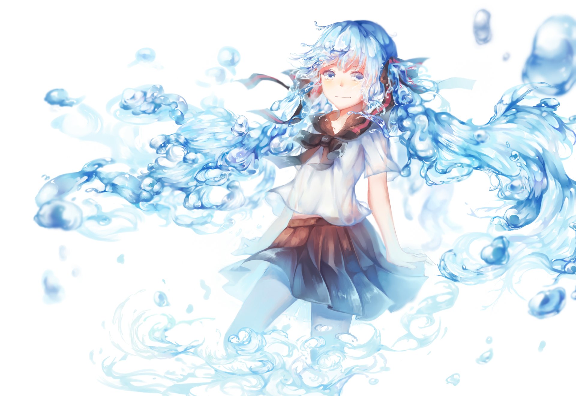 An anime-style illustration of Hatsune Miku, featuring blue hair in twintails, wearing a school uniform with a bow, surrounded by a flowing, water-like background.