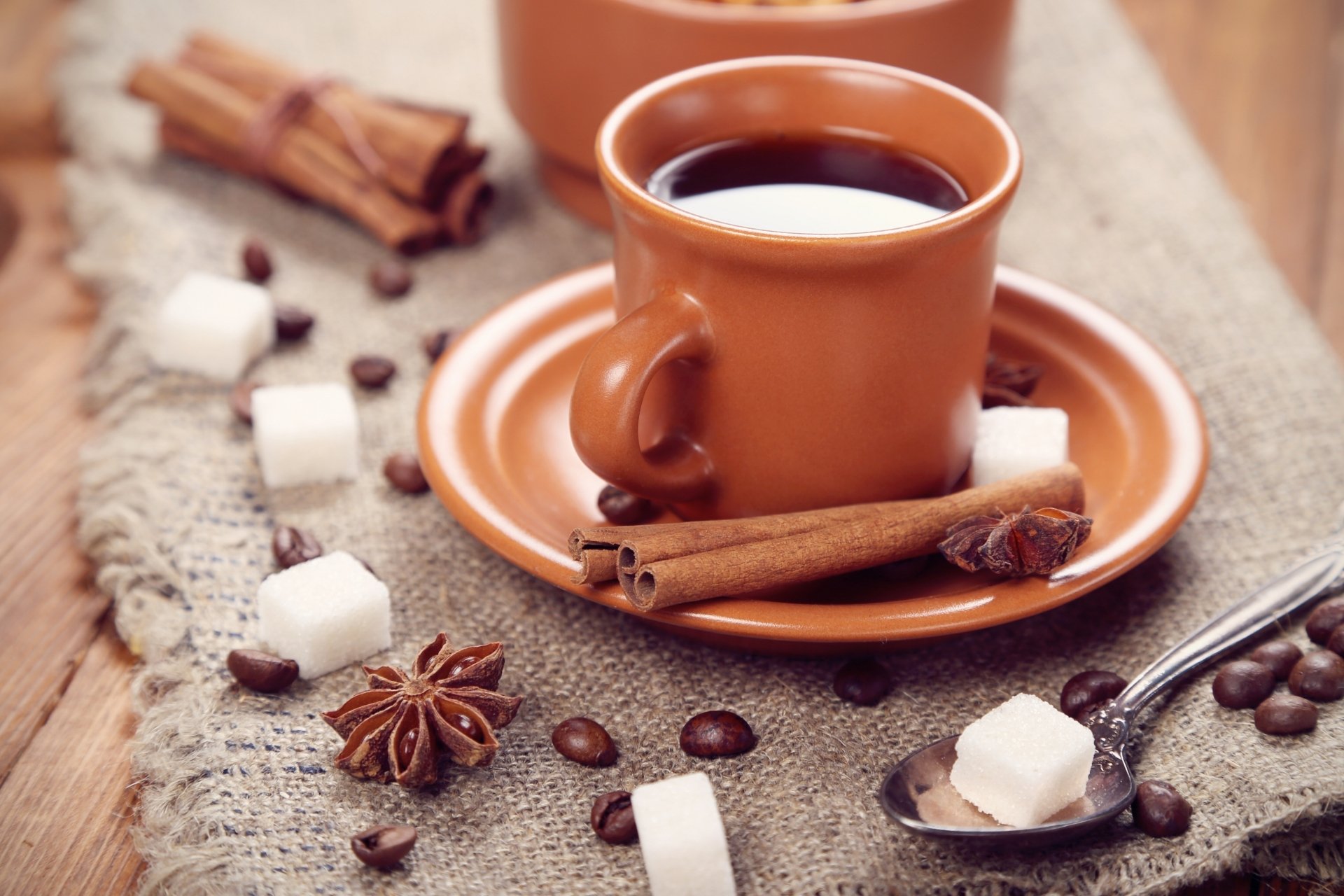 A warm cup of coffee on a saucer surrounded by cinnamon sticks, star anise, sugar cubes, and scattered coffee beans on a rustic burlap surface.