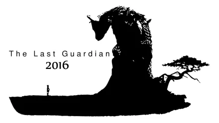 HD wallpaper for The Last Guardian featuring the silhouette of the creature Trico with a boy, and a tree against a white background.