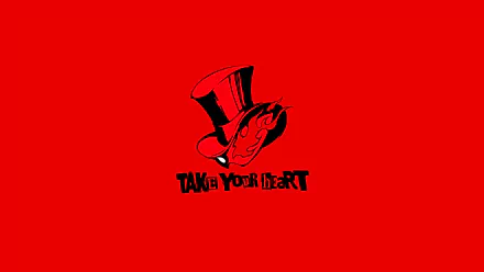 HD Persona 5 desktop wallpaper featuring the iconic Take Your Heart slogan and phantom thief mask on a red background.