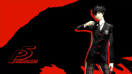 HD desktop wallpaper featuring a Persona 5 character in a stylish black and red suit against a bold red and black background.