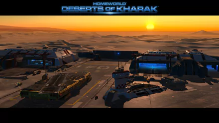 HD wallpaper of Homeworld: Deserts of Kharak featuring futuristic vehicles and structures in a desert landscape at sunset.