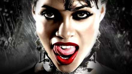 HD PC desktop wallpaper featuring a close-up of a woman with bold red lipstick and intense eyes from the movie Sin City.