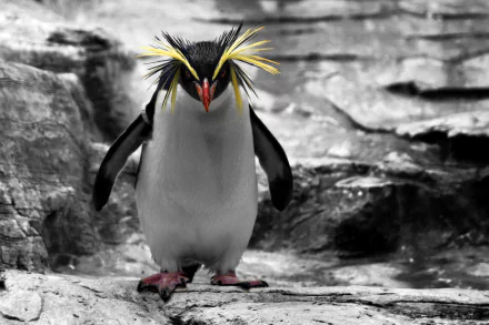 Rockhopper penguin with striking yellow crest standing on rocky terrain, captured in high-definition detail as an animal-themed PC desktop wallpaper background.