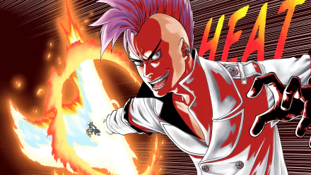 HD anime desktop wallpaper of Bazz-B from Bleach, featuring his flaming glove and earrings amid intense fire and the bold word HEAT in the background.