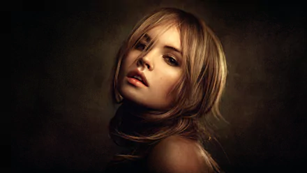 HD desktop wallpaper featuring a brunette woman with brown eyes, identified as model Anastasiya Scheglova, posing against a dark background.