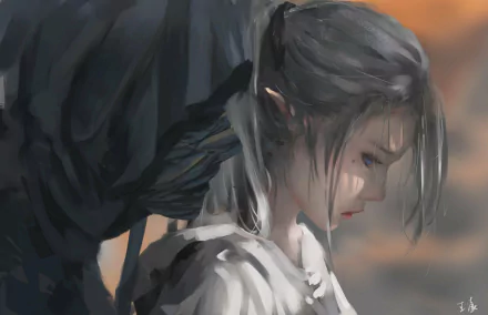 A sorrowful character with grey hair stands against a blurred background, touched by a shadowy figure, capturing the essence of a haunting moment from the comic GhostBlade.