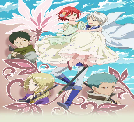 An HD wallpaper featuring characters from Snow White With The Red Hair, including Shirayuki, Zen, Kiki, and Mitsuhide, set against a vibrant sky and floral background.