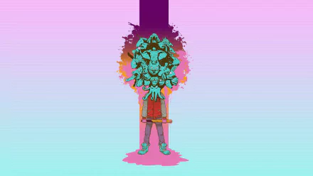 HD PC desktop wallpaper background from the Hotline Miami video game: neon pastel gradient with a masked character beneath a vertical purple stripe and paint splatter.