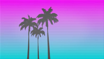 HD PC desktop wallpaper featuring a vibrant gradient sky with silhouettes of palm trees, inspired by the aesthetic of the video game Hotline Miami.