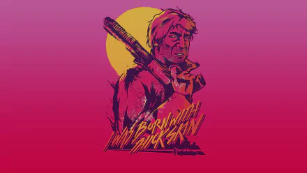 HD PC desktop wallpaper for the video game Hotline Miami / Hotline Miami 2: Wrong Number — neon-pink portrait of a bruised man holding a bat against a yellow moon with the game logo.