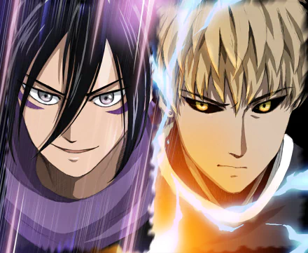 High-definition wallpaper featuring Genos and Sonic from One-Punch Man, showcasing their dynamic expressions and iconic designs in an intense anime style.