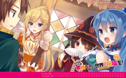 HD desktop wallpaper featuring characters Aqua, Megumin, Darkness, and Kazuma Satou from the anime KonoSuba - God’s Blessing on This Wonderful World!! Lively group scene with visible colorful details.