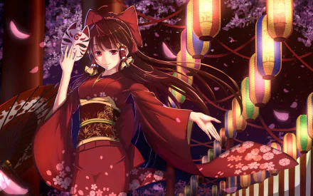 Reimu Hakurei in a red yukata with a large bow and mask, standing under lanterns and cherry blossoms at a traditional Japanese festival, anime-style HD wallpaper.