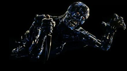 A captivating HD desktop wallpaper featuring a menacing android from the movie The Terminator, showcasing its intricate mechanical details against a dark background.