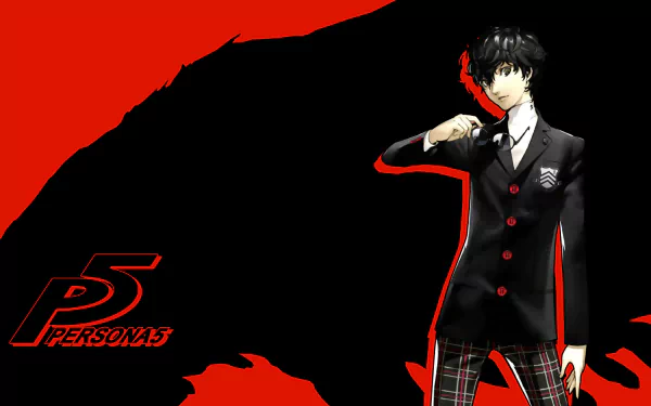 HD desktop wallpaper featuring a Persona 5 character in a stylish black and red suit against a bold red and black background.