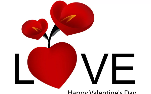 HD desktop wallpaper featuring red calla lilies shaped like hearts forming the word LOVE, celebrating Valentine's Day with a holiday love theme.