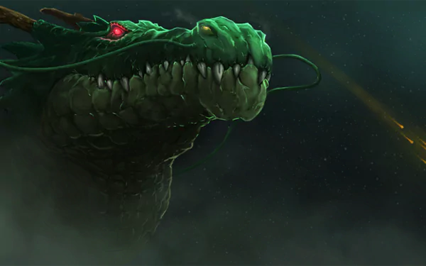 HD desktop wallpaper featuring Shenron from Dragon Ball Super. The powerful green dragon emerges from dark, mystical clouds with glowing red eyes, capturing the essence of the anime's legendary creature.