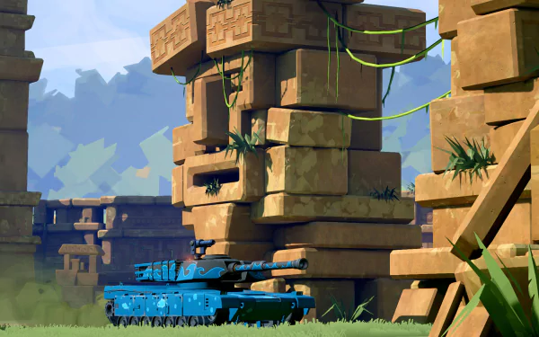 HD desktop wallpaper featuring a blue tank from Hardware: Rivals game, poised under a towering stone structure in a stylized landscape.