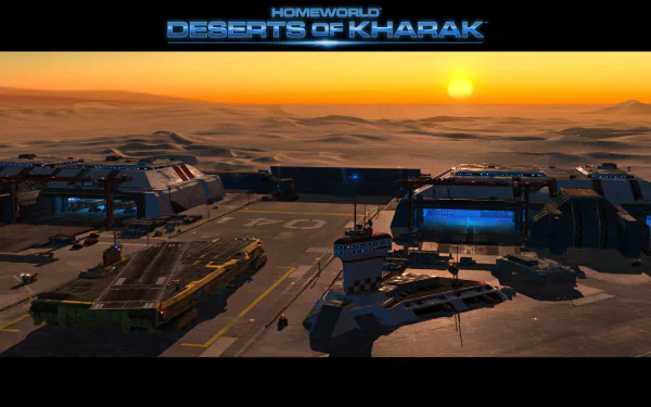 HD wallpaper of Homeworld: Deserts of Kharak featuring futuristic vehicles and structures in a desert landscape at sunset.