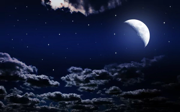 HD PC desktop wallpaper showing a night sky with a crescent moon, scattered stars, and clouds, highlighting the serene beauty of nature.
