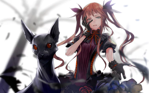 HD desktop wallpaper featuring an anime girl with long twintails and a black dress, standing beside a mysterious black cat with red eyes, set against a monochromatic background with ethereal elements.