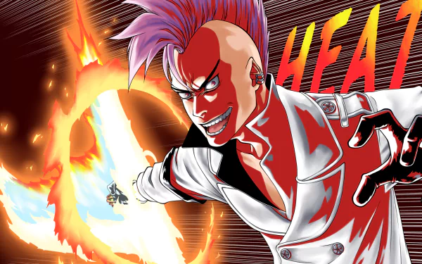 HD anime desktop wallpaper of Bazz-B from Bleach, featuring his flaming glove and earrings amid intense fire and the bold word HEAT in the background.