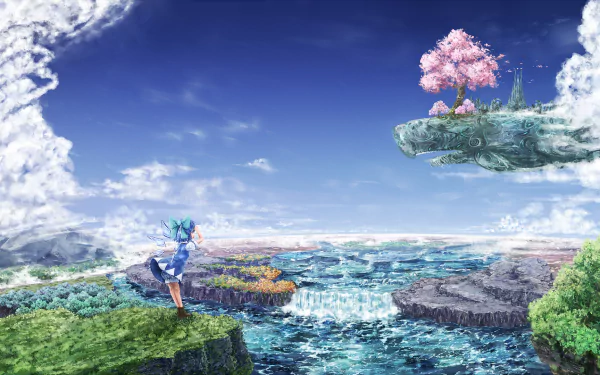 An HD anime landscape wallpaper of Gensokyo featuring a blue-haired character with a bow standing on a cliff, overlooking waterfalls, floating islands, and a whale in the sky.