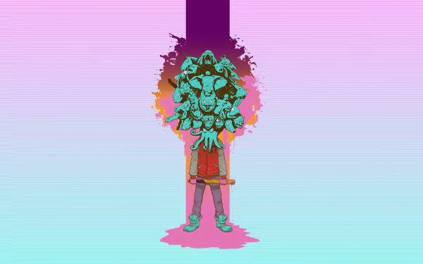 HD PC desktop wallpaper background from the Hotline Miami video game: neon pastel gradient with a masked character beneath a vertical purple stripe and paint splatter.