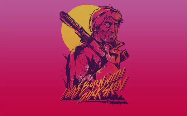 HD PC desktop wallpaper for the video game Hotline Miami / Hotline Miami 2: Wrong Number — neon-pink portrait of a bruised man holding a bat against a yellow moon with the game logo.