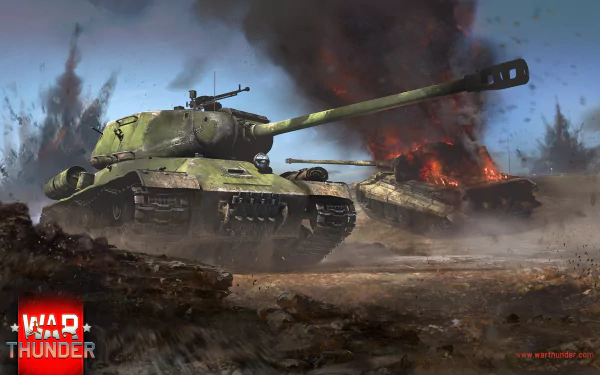 HD PC desktop wallpaper featuring a War Thunder video game scene with a detailed tank advancing through a smoky battlefield with burning wreckage in the background.