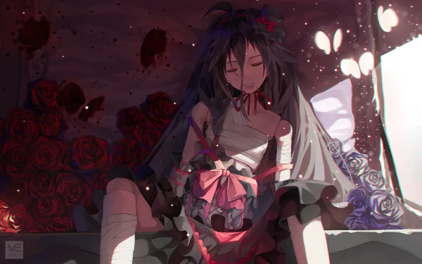 bandage butterfly rose flower white hair long hair IA (Vocaloid) Anime Vocaloid HD Desktop Wallpaper | Background Image
