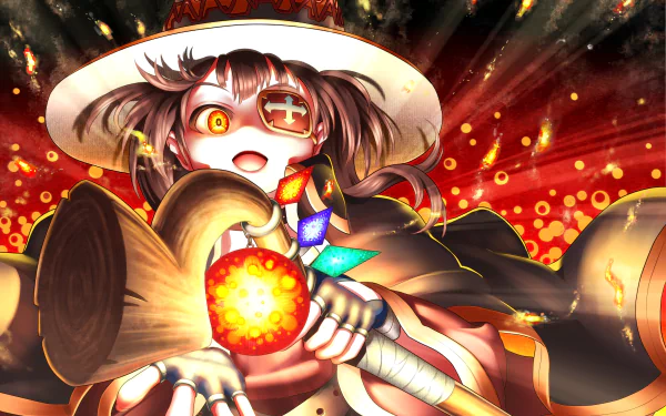 A vibrant HD wallpaper featuring Megumin from KonoSuba - God’s Blessing on This Wonderful World!!, showcasing her excitement and magical prowess against a fiery background.