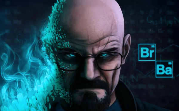 HD desktop wallpaper featuring Walter White from Breaking Bad with a chemical smoke effect and the show's logo.
