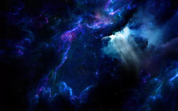 HD CGI Sci-Fi wallpaper featuring a mesmerizing blue and purple nebula in space, with radiant stars scattered throughout, creating a captivating celestial scene.