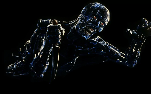 A captivating HD desktop wallpaper featuring a menacing android from the movie The Terminator, showcasing its intricate mechanical details against a dark background.