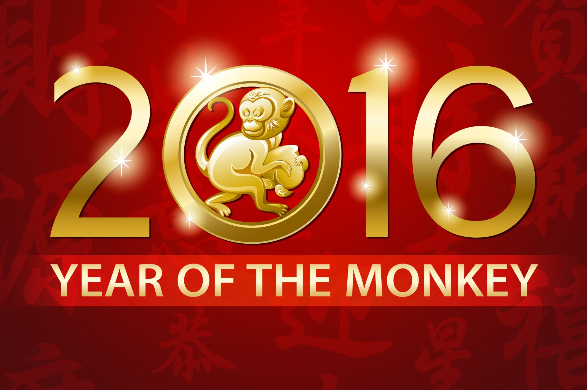 4K Ultra HD Chinese New Year 2016 desktop wallpaper featuring a golden monkey emblem against a red festive background celebrating the Year of the Monkey.