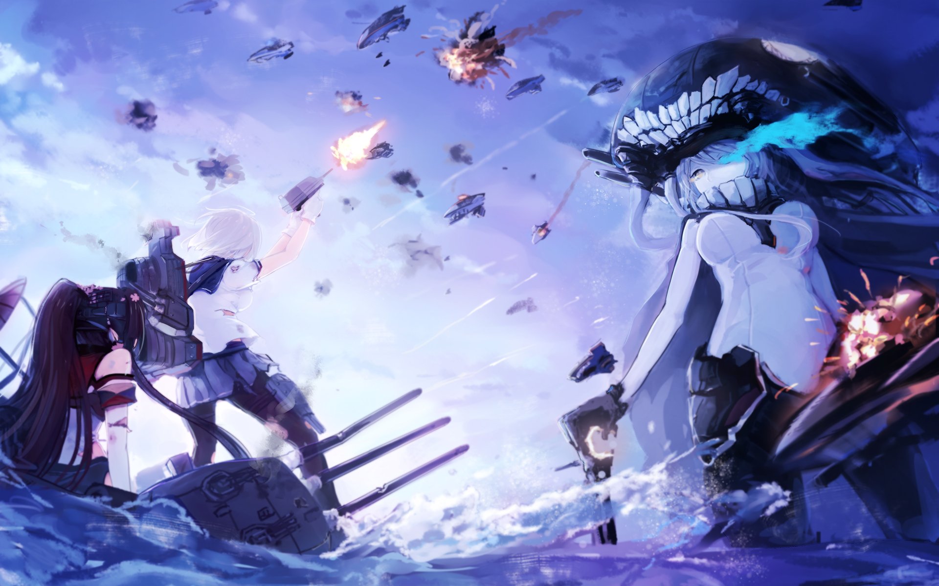 Anime characters Yamato and Hamakaze from Kantai Collection engage in battle against a Wo-Class enemy, set against a dramatic ocean backdrop filled with explosions and warships.
