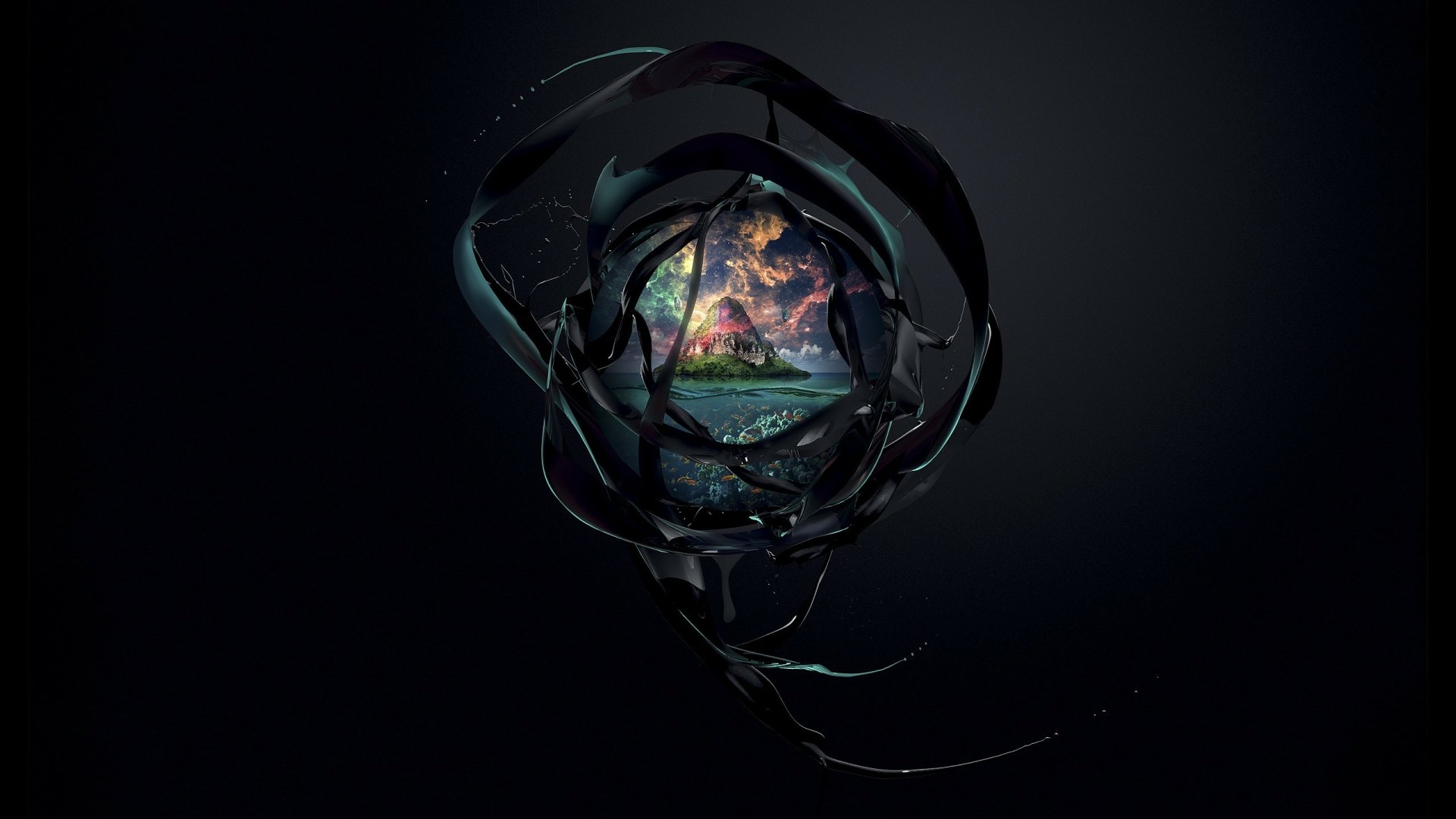3D artistic HD desktop wallpaper featuring a captivating abstract form with vibrant cosmic and geometric details set against a dark background.