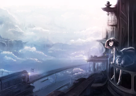 A serene anime scene featuring a girl sitting on a ledge overlooking a futuristic train and vast sky filled with clouds, capturing a captivating sci-fi atmosphere.