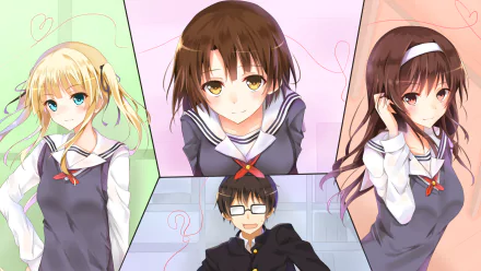 HD PC desktop wallpaper featuring characters from the anime Saekano: How to Raise a Boring Girlfriend, showcasing three girls and a boy in school uniforms.
