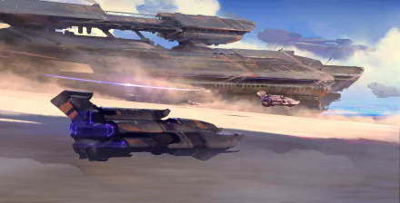 HD sci-fi desktop wallpaper featuring a futuristic spaceship flying above a planet's surface with another massive vessel in the background.