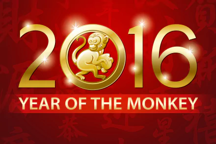 4K Ultra HD Chinese New Year 2016 desktop wallpaper featuring a golden monkey emblem against a red festive background celebrating the Year of the Monkey.