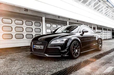 A sleek black Audi TT parked in front of white garage doors, captured in high-resolution 4K Ultra HD for a striking PC desktop wallpaper.