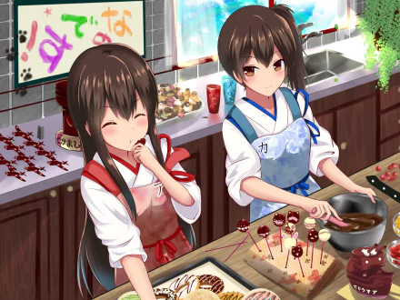 A vibrant HD anime wallpaper featuring Akagi and Kaga from Kantai Collection, joyfully preparing chocolate treats in a kitchen adorned with colorful sweets and playful artwork.