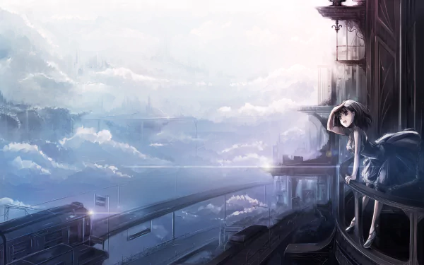 A serene anime scene featuring a girl sitting on a ledge overlooking a futuristic train and vast sky filled with clouds, capturing a captivating sci-fi atmosphere.