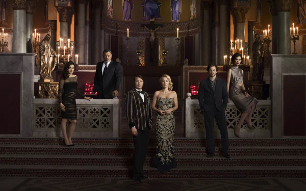 4K Ultra HD wallpaper featuring Dr. Alana Bloom, Caroline Dhavernas, and cast from the TV show Hannibal in an elegant, dimly lit gothic setting.